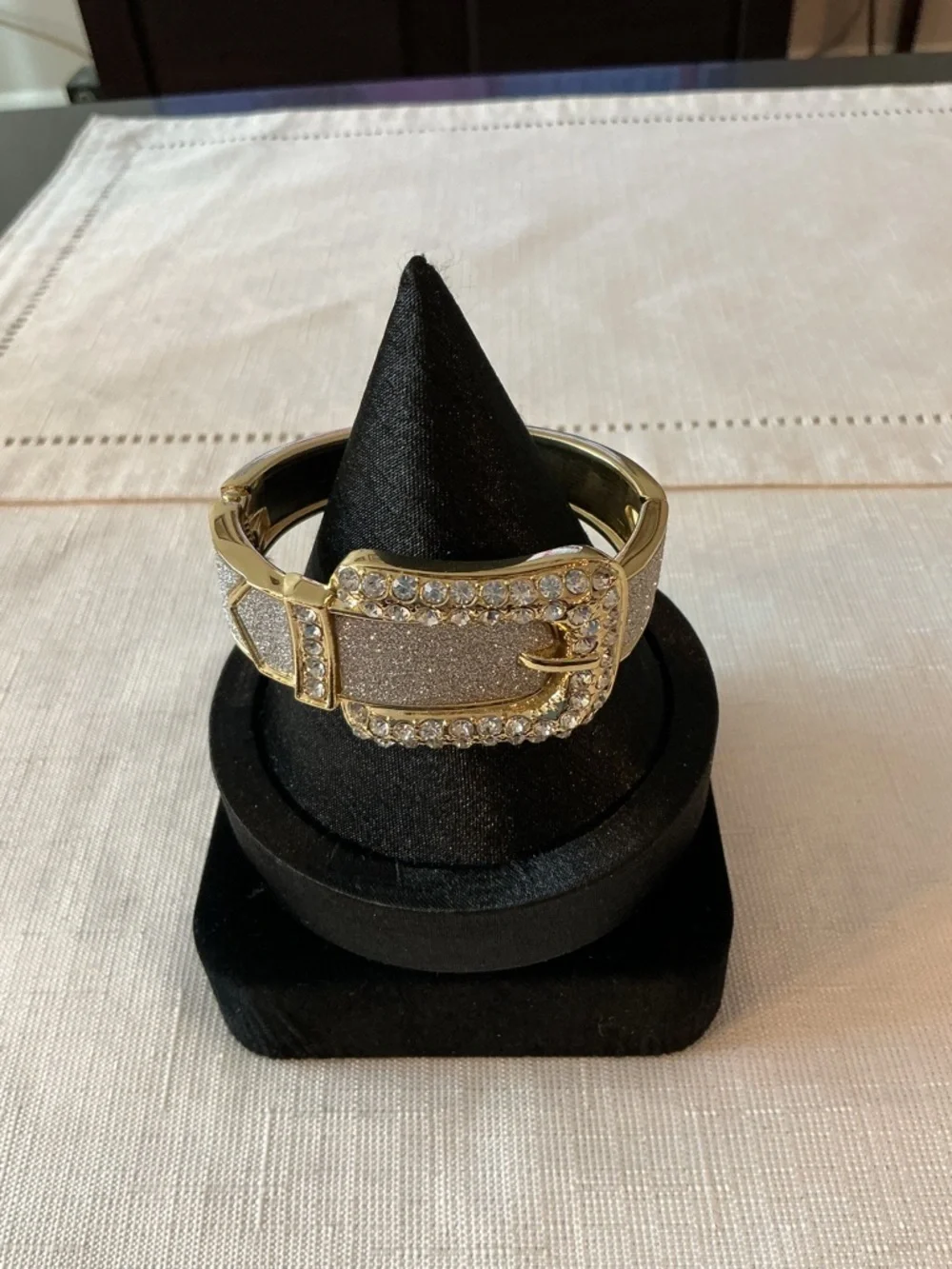 Buckle Style Rhinestone Gold Tone Hinged Bangle